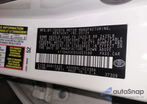 2025 Toyota Camry Se z USA, uszkodzony, nr VIN 4T1DAACK9SU003598